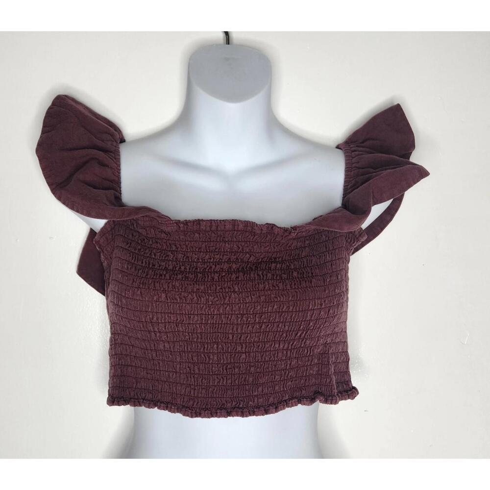 Apiece Apart Shirt Womens 2 Purple Smocked Ruffle Crop Top 100% Cotton